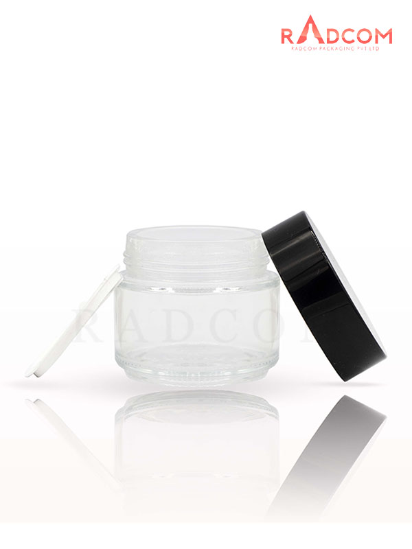 100GM Clear Glass Jar with Black Cap with Lid & Wad